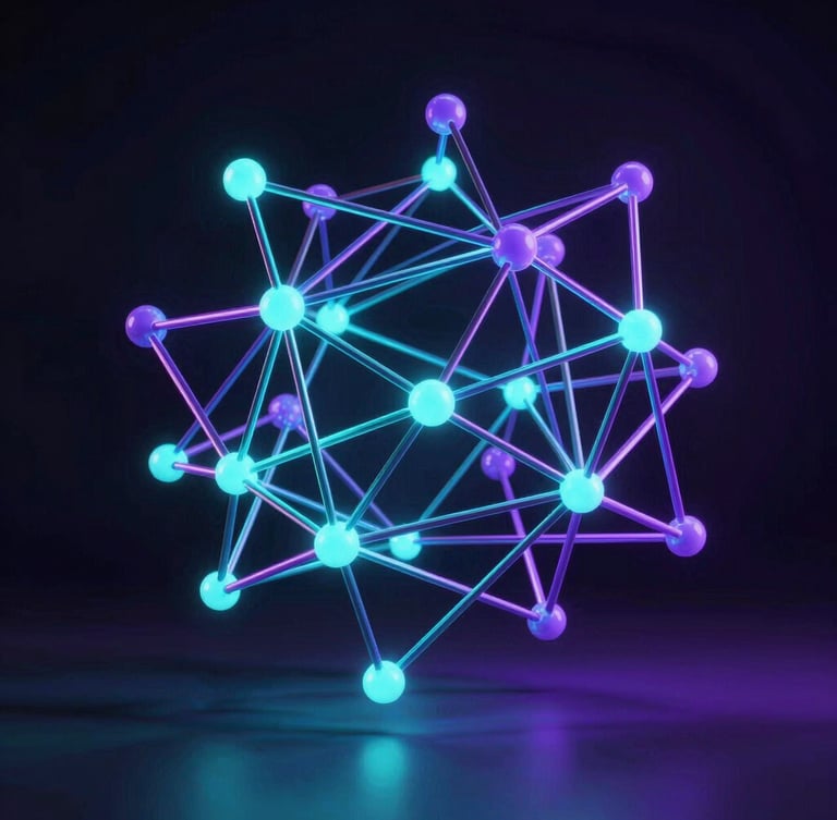 High-fidelity abstract 3D network nodes glowing with neon cyan and violet under low-key studio lighting, portrait aspect