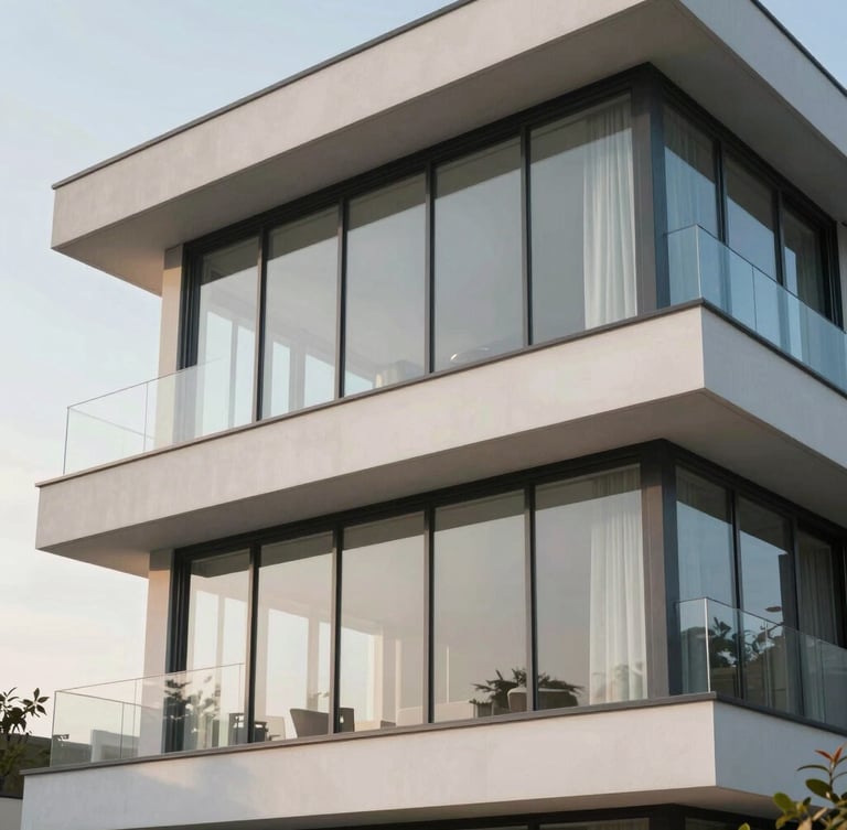 Macro close-up of a pristine, modern villa glass facade reflecting soft morning sunlight, no people, clean architectural lines and elegant textures.