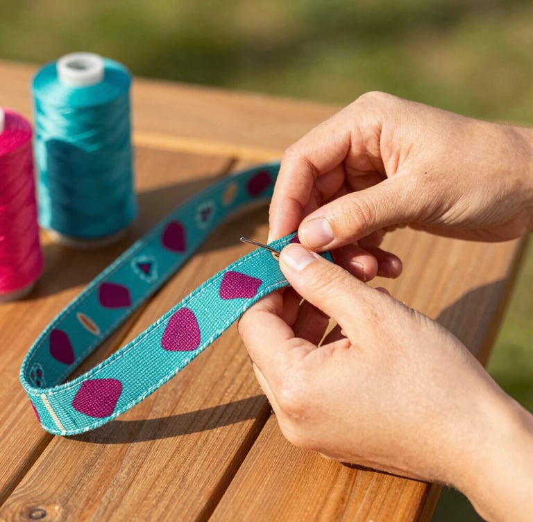 vibrant outdoor photography, warm sunlight, close-up of hands carefully sewing a bright teal and berry patterned fabric leash at a wooden table, colorful spools of thread visible, 35mm