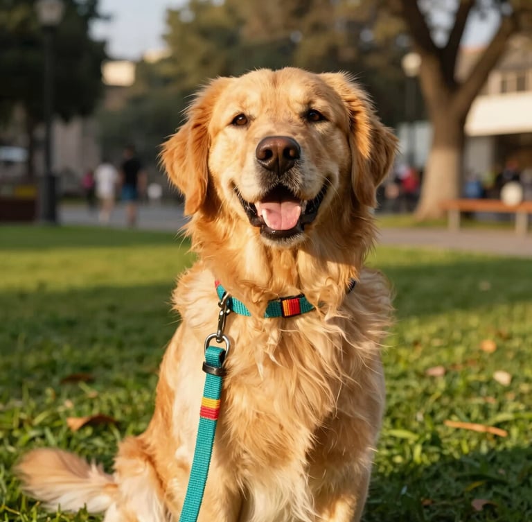 Vibrant outdoor pet photography of a happy Golden Retriever wearing a bright, colorful hand-woven teal leash, sunny CDMX park background, warm golden-hour sunlight, 35mm portrait