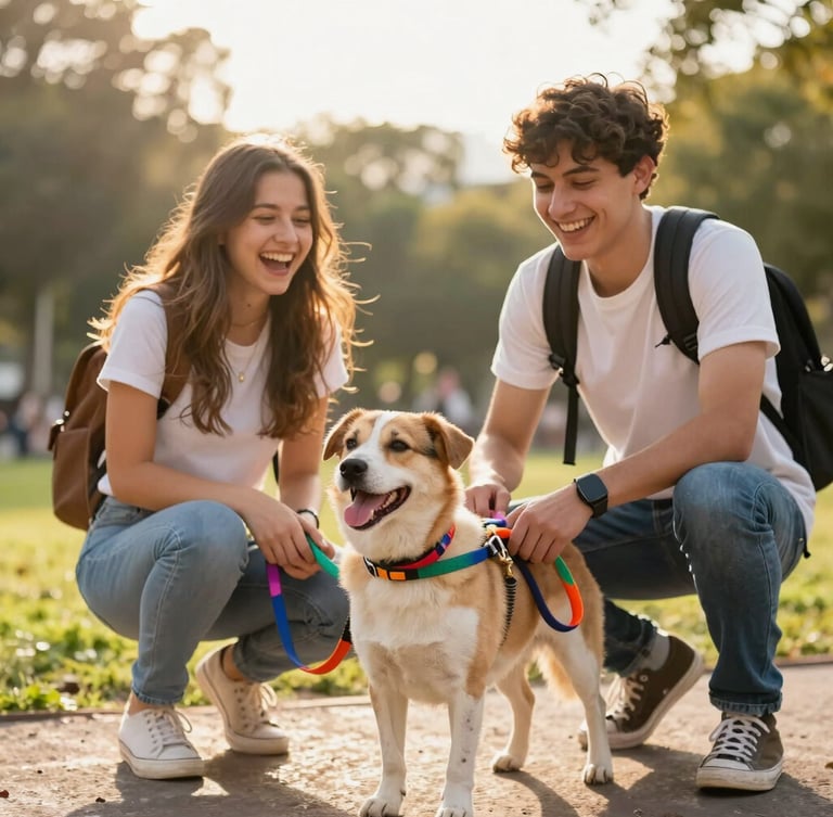 vibrant outdoor pet photography, warm golden-hour sunlight, two young university students laughing while fitting a colorful handmade leash on a happy dog in a sunny CDMX park, shallow depth of field, 35mm