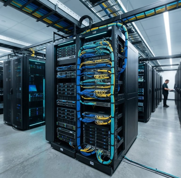 Wide shot of a modern data center with clean server racks and subtle cyan ambient lighting, focusing on neat cabling and organized infrastructure.