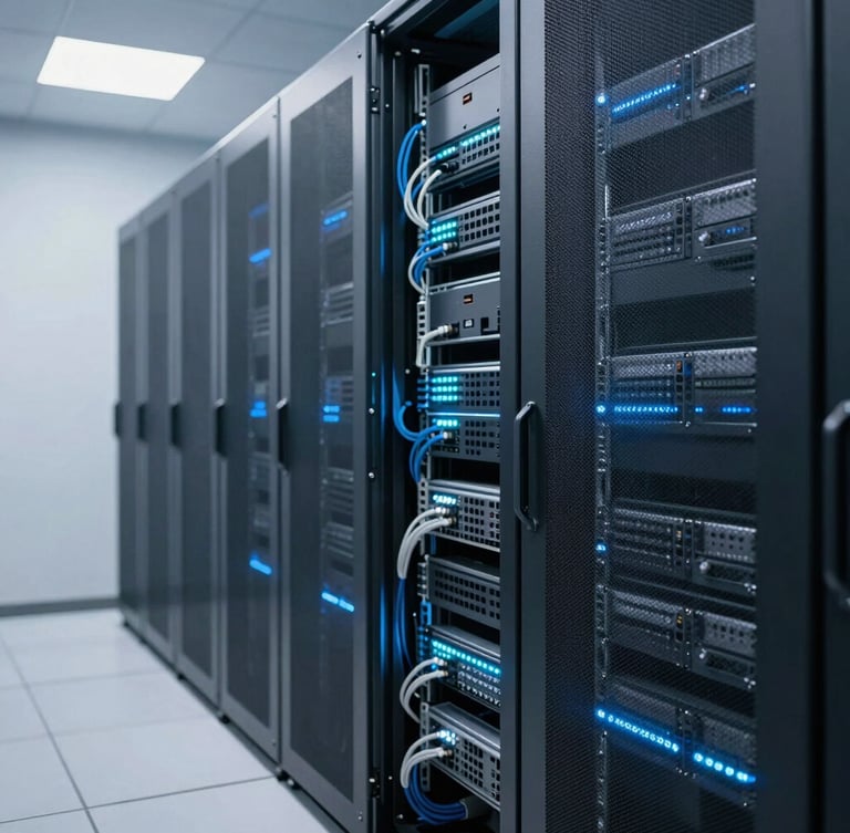Wide shot of a modern, clean server room with neatly organized cabling and cool blue ambient lighting, shallow depth of field, commercial photography style.