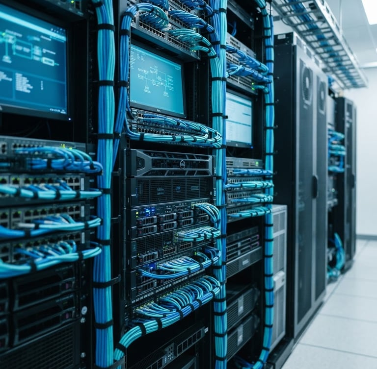 Clean server racks with neatly organized blue and cyan cables, cool daylight with subtle cyan screen glow, shallow depth of field. Professional and precise.