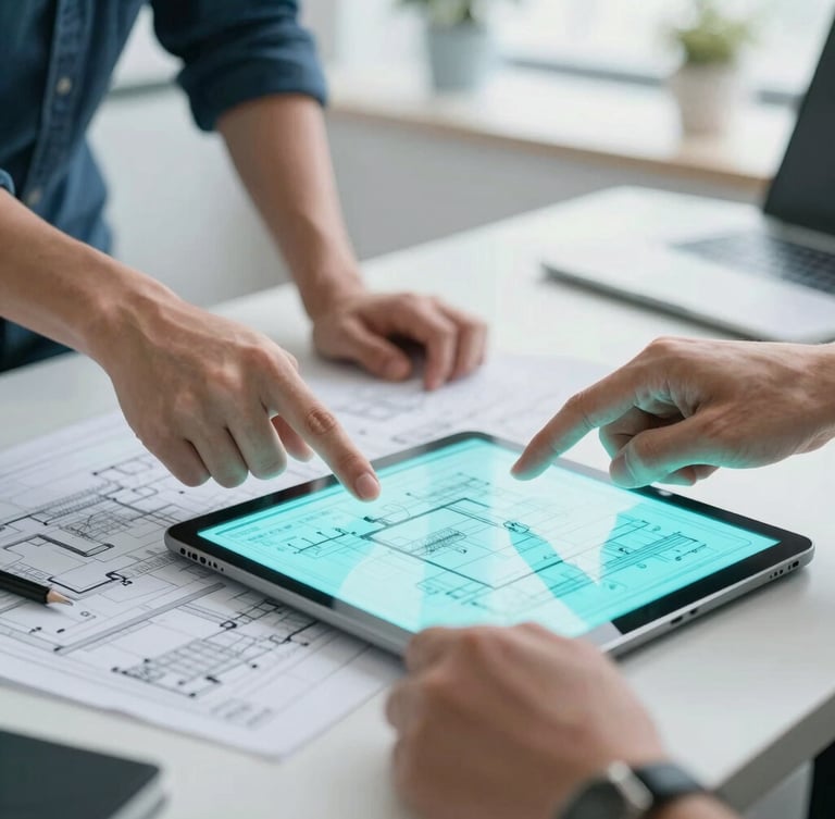 Portrait aspect, medium close-up of hands of two developers pointing at a complex digital blueprint on a tablet, cool crisp daylight with subtle cyan screen glow, modern workspace, focused on the tablet and hands, shallow depth of field.