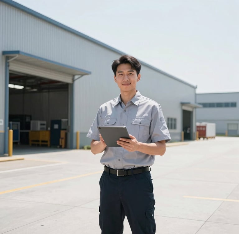 Crisp industrial photography, bright natural daylight, a professional logistics supervisor in a clean uniform holding a digital tablet in a modern well-lit warehouse, wide-angle environmental framing.