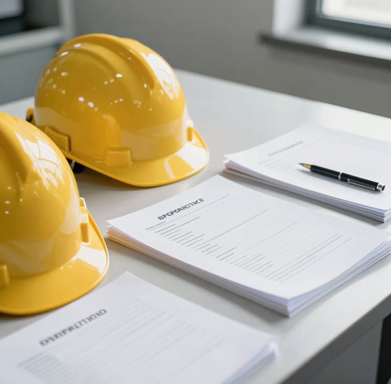 Focused close-up of safety gear and clean compliance documents on an organized industrial desk, bright natural daylight, clean high-contrast tones.