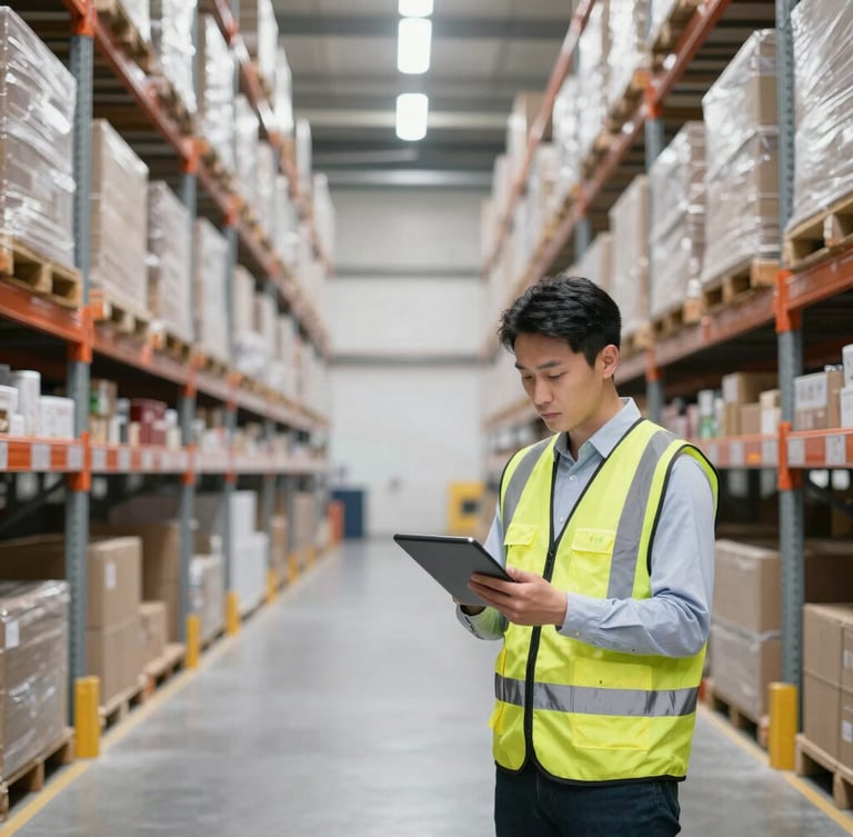 A professional logistics supervisor in a high-visibility safety vest checking inventory on a tablet inside a clean, modern warehouse with high shelving, bright natural light.