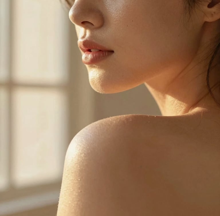 Macro portrait of a woman's radiant skin showing real texture, warm golden-hour side lighting, elegant beige tones.