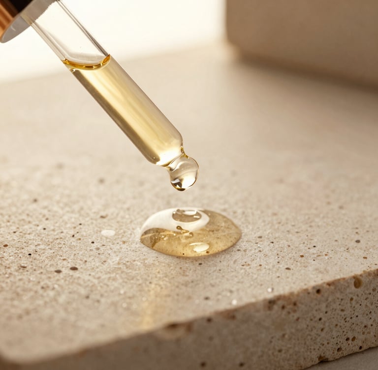Macro close-up of a clear golden serum droplet on a textured beige stone, soft golden-hour side light, elegant glass dropper, depth of field
