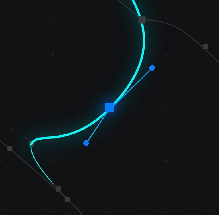Extreme macro close-up of a neon cyan vector curve with crisp anchor points and bezier handles in vector software, glowing on a dark background, high-contrast digital render, sharp geometric lines