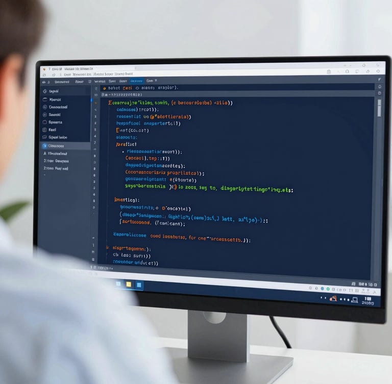 Macro over-the-shoulder shot of clean modern code structures on a high-end monitor, bright cool daylight, sharp focus, technical perspective, 35mm
