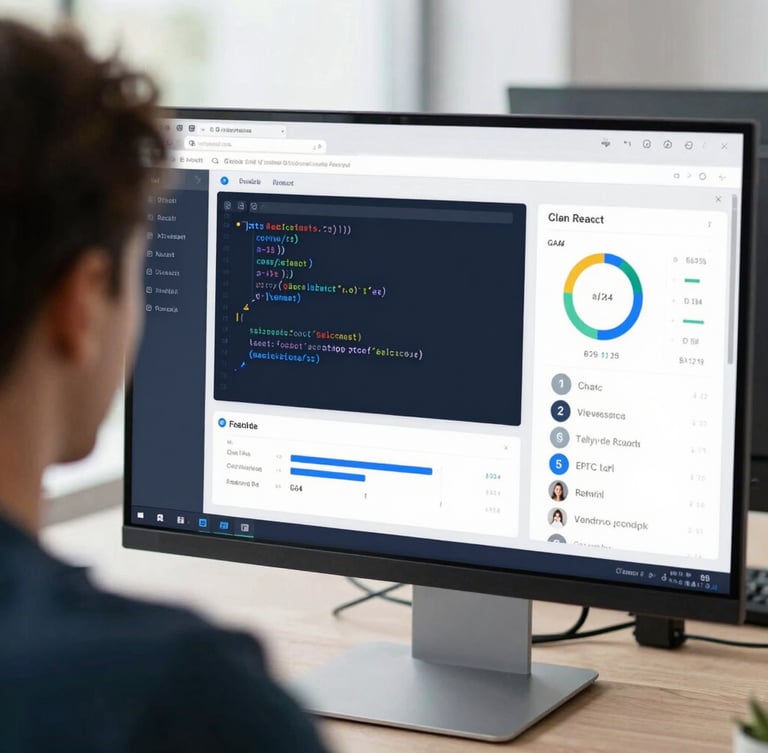 Macro over-the-shoulder shot of a developer analyzing clean React code and GA4 conversion tracking dashboards on a high-end monitor, bright daylight