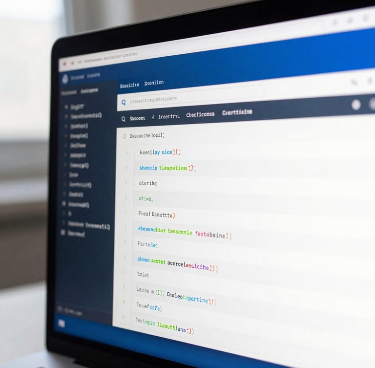Macro close-up of a high-end monitor showing clean code and real-time conversion tracking dashboards, sharp focus, cool daylight, deep slate and cobalt accents.