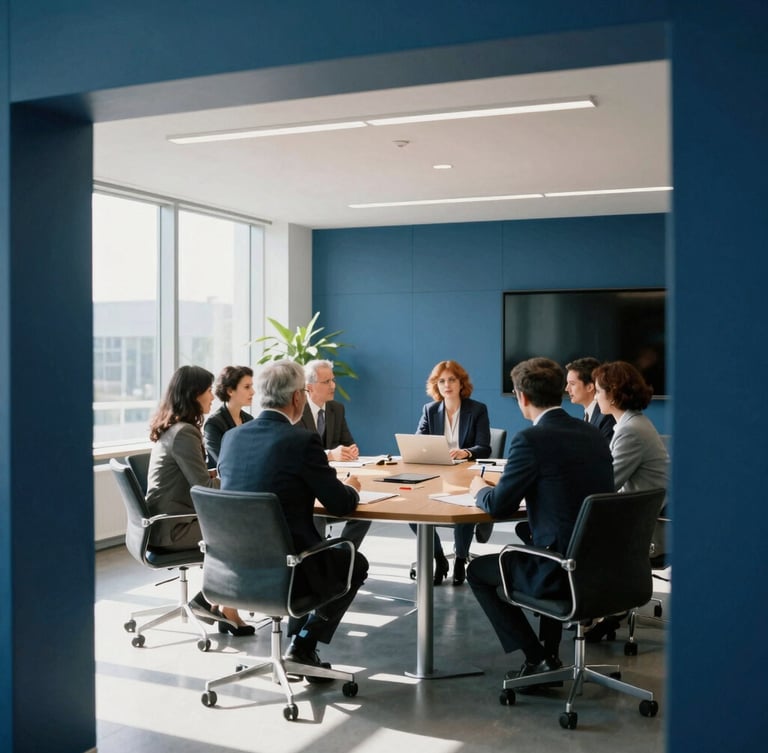 A collaborative professional meeting in a modern architectural conference room, cool bright daylight with sharp shadows, 35mm