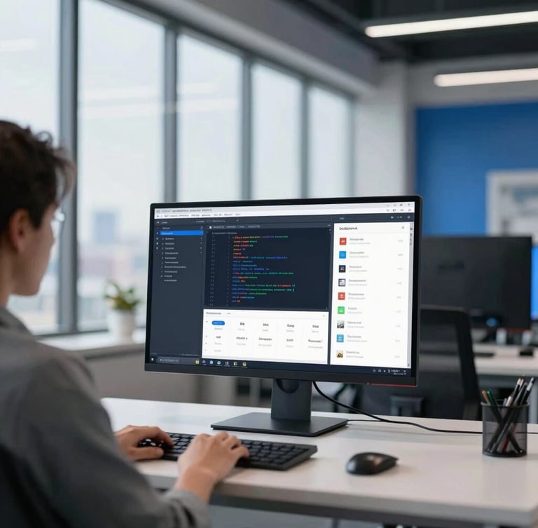 Over-the-shoulder shot of a modern clean workspace with architectural daylight, a high-end monitor displaying clean code and a real estate dashboard, cool daylight, 35mm.