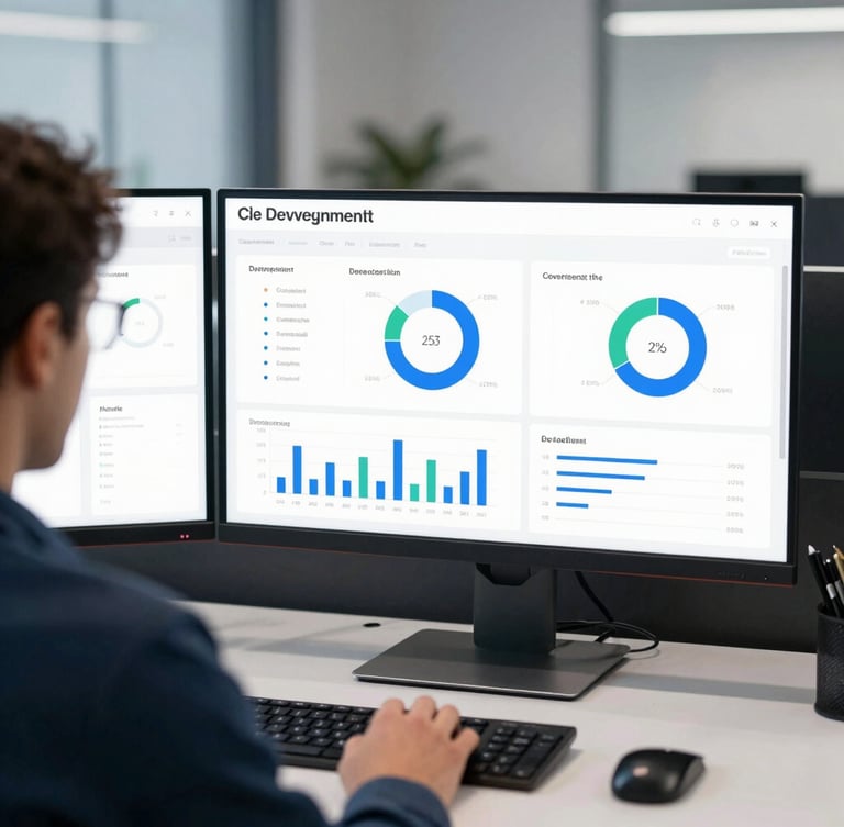 Over-the-shoulder view of a clean development dashboard with complex analytics charts on a dual-monitor setup, sharp daylight, cool slate tones
