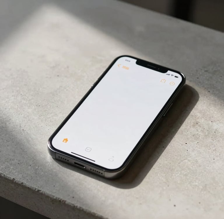 A close-up portrait shot of a minimalist mobile interface displayed on a smartphone, resting on a clean concrete desk with soft natural window shadows.