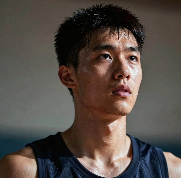 Low-angle portrait of a young male basketball player mid-drill, sweat dripping from his brow, intense facial expression of absolute focus, sharp dramatic side-lighting.