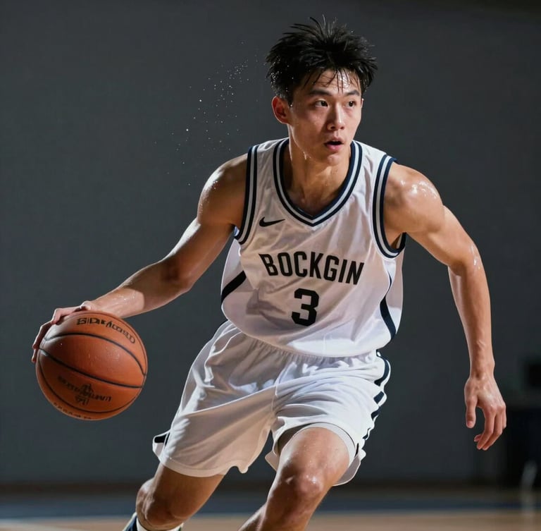Dynamic low-angle shot of a young basketball player mid-dribble, sweat flying, intense focused expression, sharp side-lighting, dark charcoal background