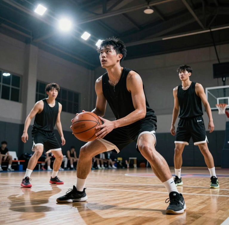 Dynamic low-angle action shot of basketball players mid-drill on an indoor court, sweat dripping, intense facial expressions, harsh overhead spotlights casting deep shadows.