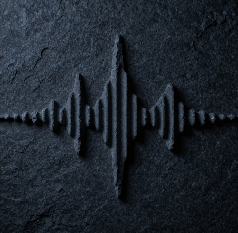 Minimalist studio environment with natural stone textures representing sound waves, moody atmospheric photography, low-key studio lighting, deep charcoal and cool blue tones, macro lens, 35mm