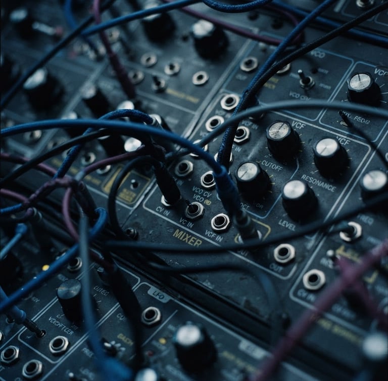 Macro close-up of analog synthesizer patches with patch cables, moody atmospheric photography, low-key studio lighting, deep charcoal and cool blue tones, macro lens, 35mm