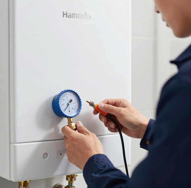 Close-up of a professional technician's hands using a digital pressure gauge on a modern wall-mounted combi boiler, crisp navy uniform, focused lighting.