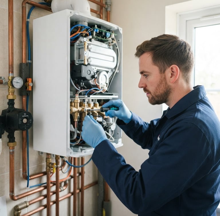 Close-up of a professional technician in a clean navy uniform adjusting a modern white combi boiler with precise tools, bright daylight, 35mm lens.