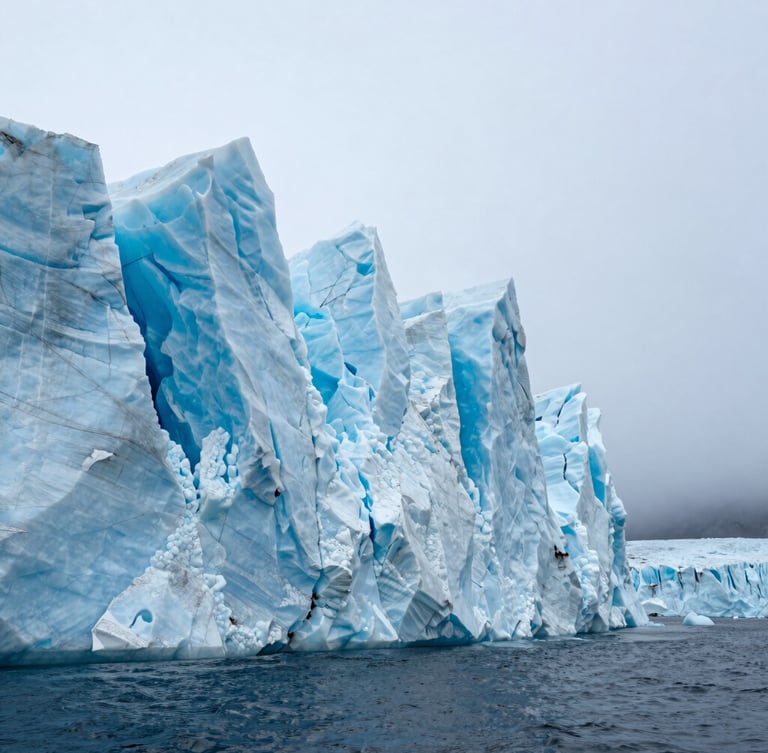 A majestic close-up of a massive blue glacier wall meeting the dark ocean, cold misty atmosphere, clean composition