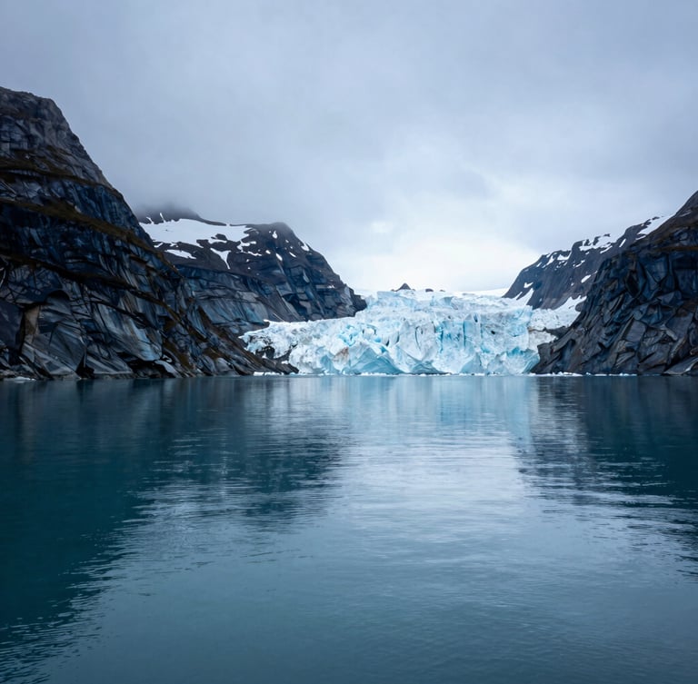 Wide-angle view of a quiet Alaskan fjord under a cool overcast sky, deep blue water reflecting massive glaciers in the background, serene and silent.