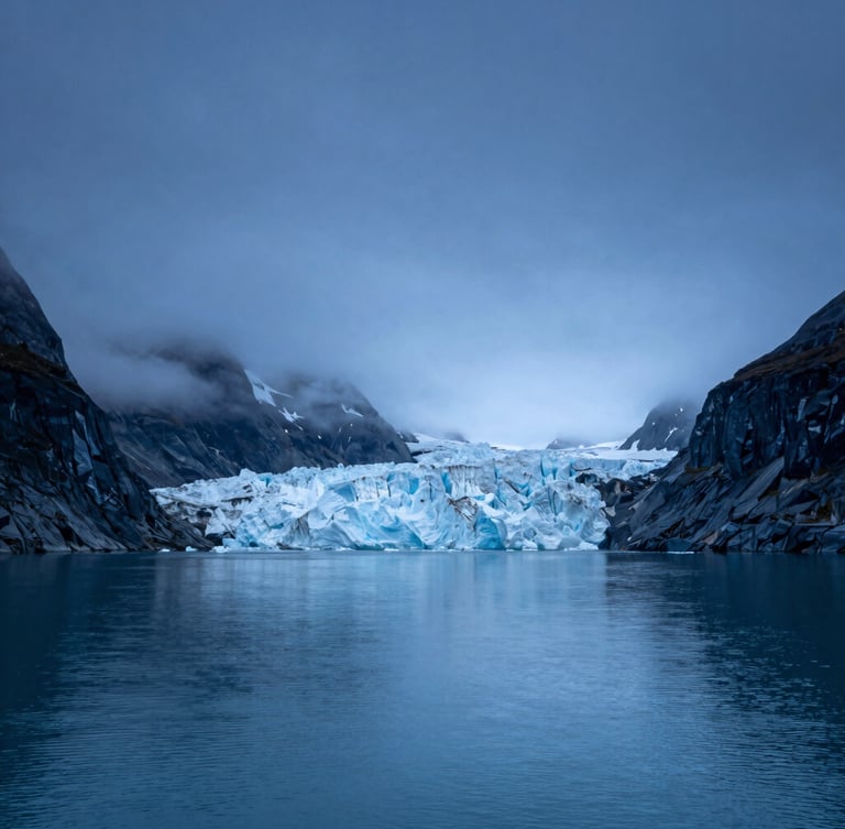 Wide cinematic view of a quiet Alaskan fjord at blue hour, deep blue waters reflecting massive glaciers, mist hanging low, expansive dark sky with negative space on the left.