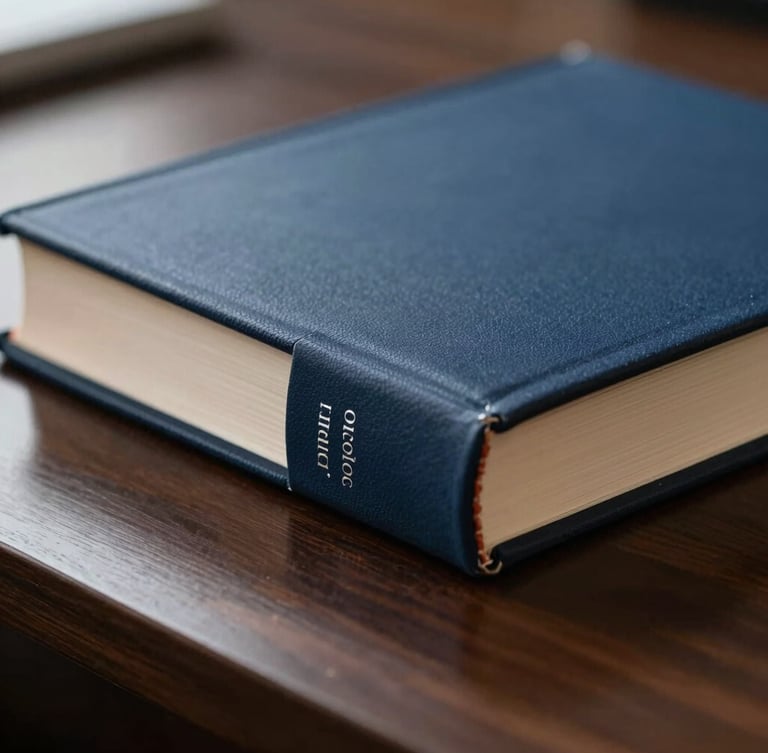 Close-up macro shot of a physical hardcover book with a deep navy blue spine and minimalist silver typography, resting on a dark walnut executive desk under soft morning side light.