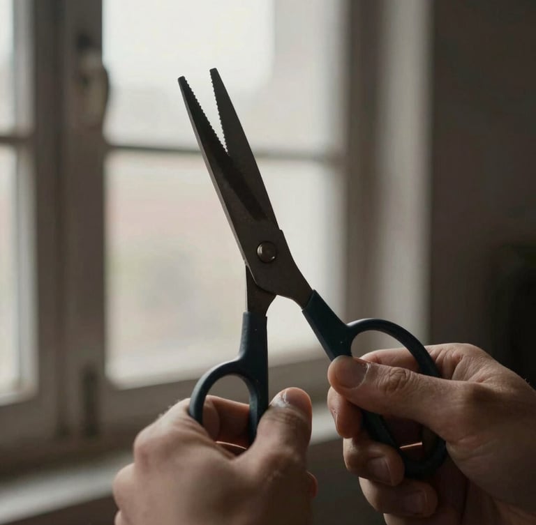 Macro editorial portrait of hands holding heavy steel shears, side-lit window daylight, desaturated charcoal tones, shallow depth of field.