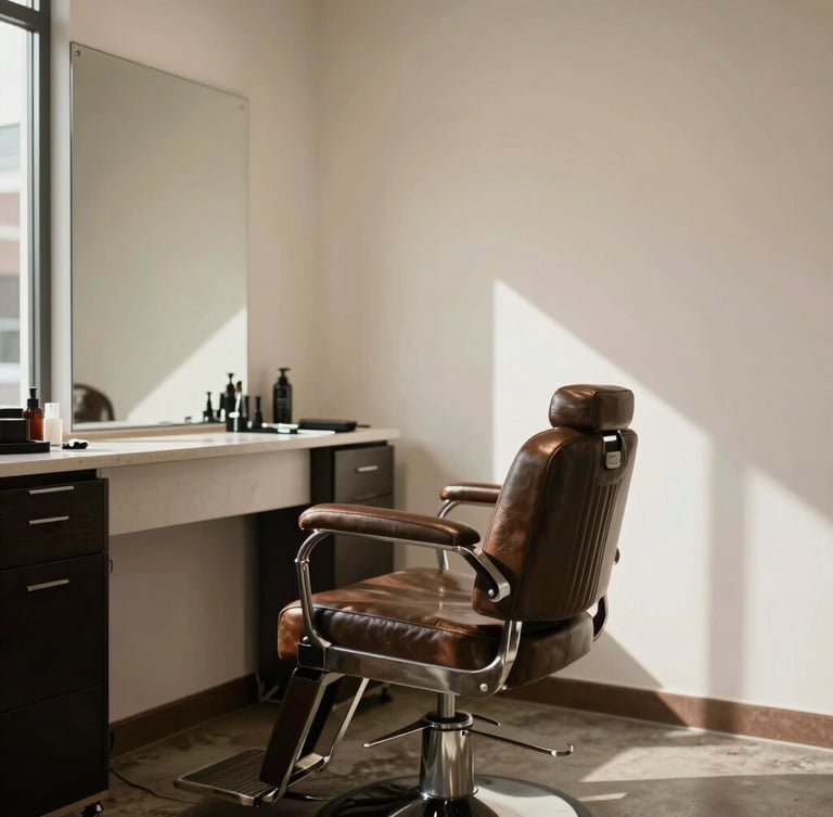 Wide environmental shot of an empty, clean barber station with a single leather chair, warm plaster white walls, soft side daylight casting deep shadows