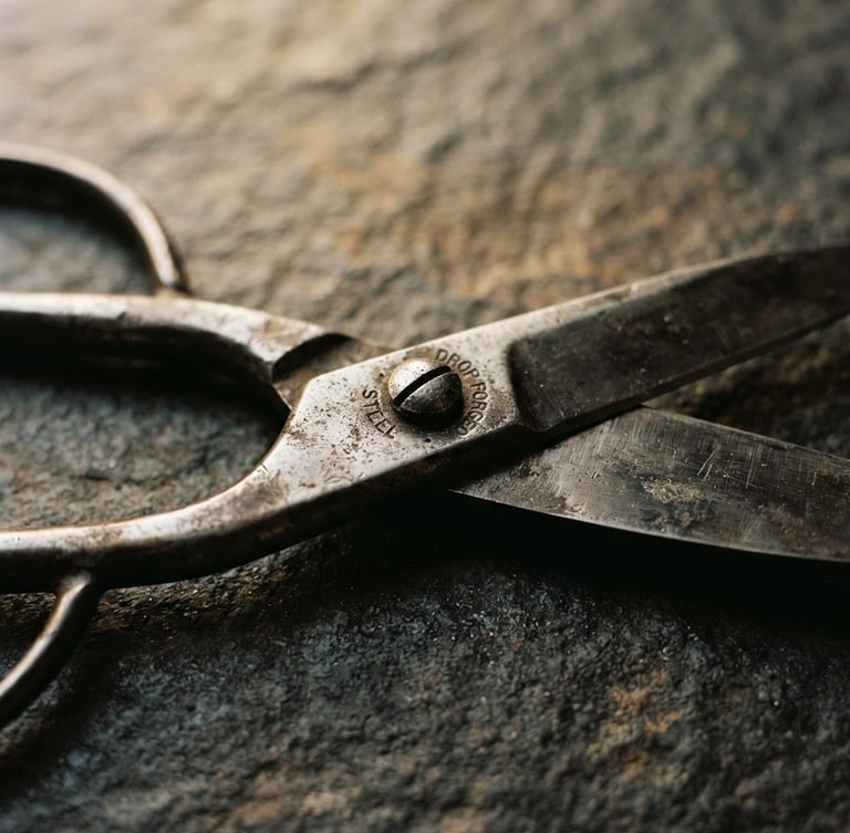 Macro close-up of heavy steel shears resting on a dark stone counter, soft side-lit window daylight, warm editorial photography, 35mm