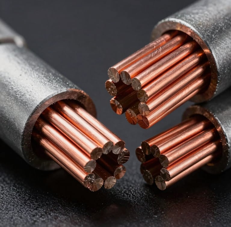 Macro close-up of heavy-duty copper wire cross-sections and industrial armored cabling, clean technical studio lighting, high contrast, sharp details.