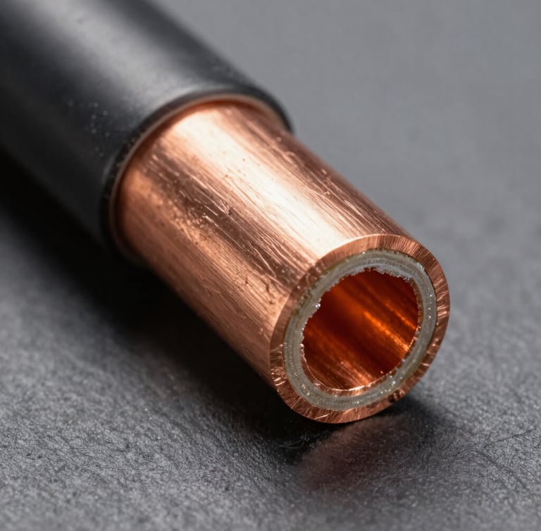 Macro studio shot of heavy-duty copper armored cabling cross-section, showing clean internal insulation layers, bright copper cores, slate gray background, sharp technical lighting.