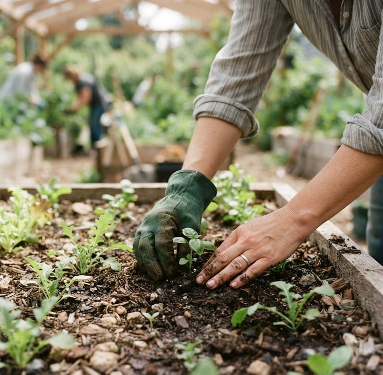 A close-up, candid shot of hands gently tending to young plants in a community garden, soft natural window light, muted earth tones, shallow depth of field, 35mm film look.