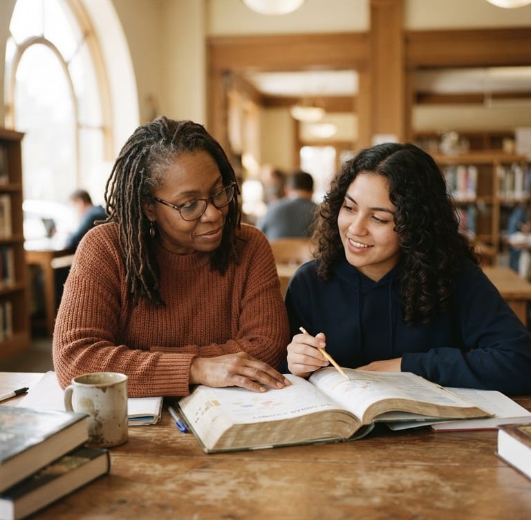 A candid, medium-close shot of a mentor and mentee quietly collaborating over a textbook in a sunlit community library, soft window light, shallow depth of field, muted earth tones.