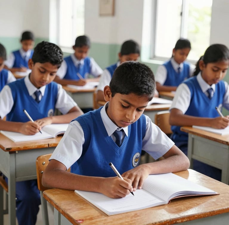 Medium shot of disciplined Indian school students in neat blue and white uniforms sitting at wooden desks in a bright classroom, writing in notebooks under natural window light, honest documentary photography, 35mm