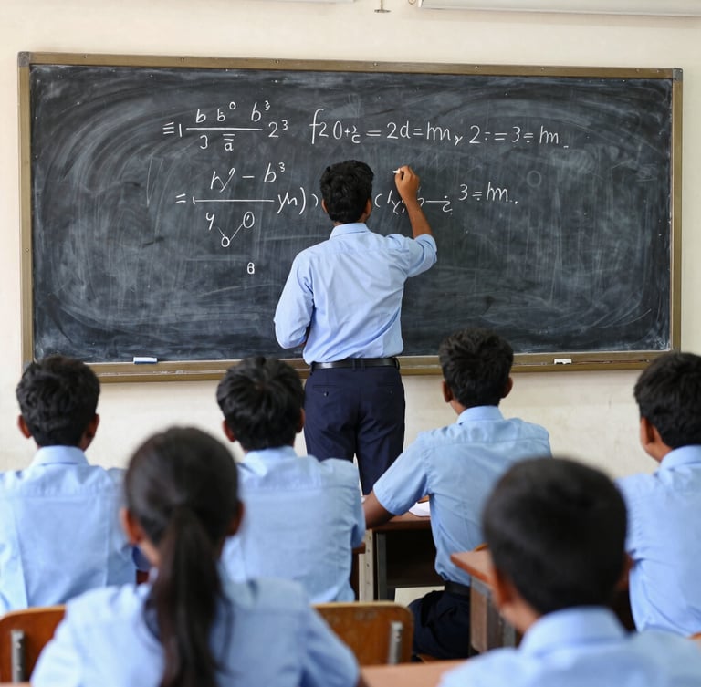 A bright Hyderabad classroom where disciplined students in neat blue uniforms listen attentively to a teacher writing mathematics equations on a blackboard, 35mm