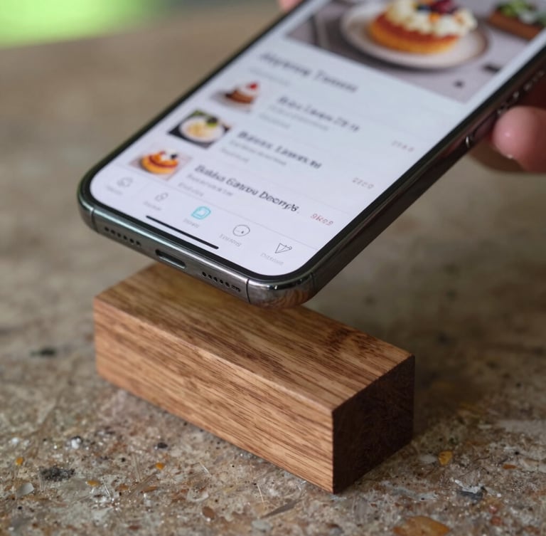 Close-up macro of a smartphone screen displaying a beautiful bakery menu, hovering just millimeters above a sleek wooden NFC block on a rustic counter.