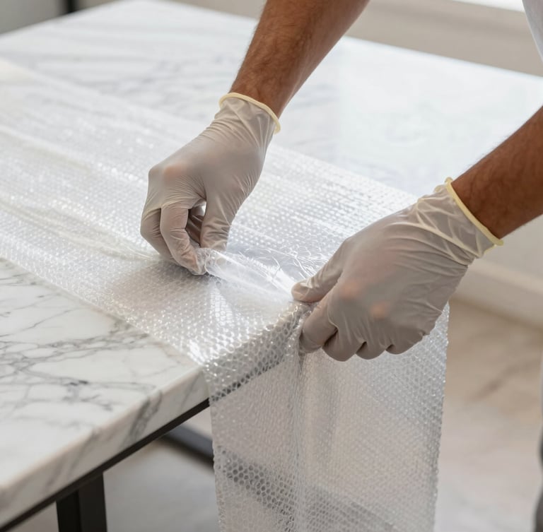 Close-up documentary photo of hands in protective gloves applying heavy-duty bubble wrap and corner guards to a polished marble tabletop, bright daylight.
