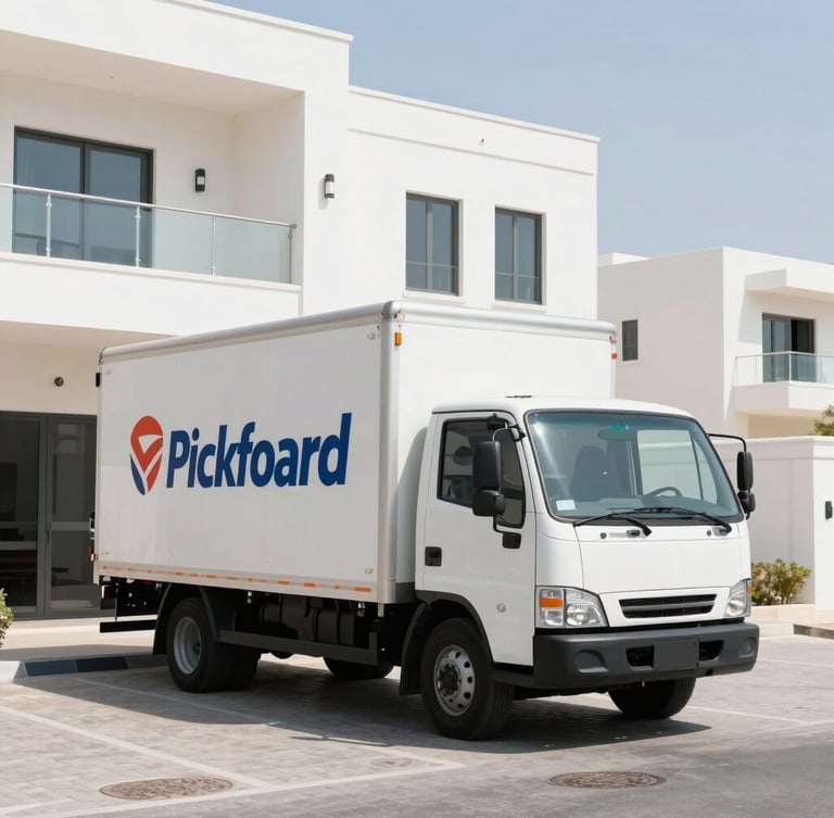 A clean, branded Allied Pickfoard moving truck parked in front of a modern white villa in Umm Al Quwain under bright UAE daylight, crisp shadows