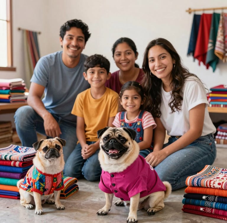 Eye-level medium shot of a happy family team in their bright Guanajuato workshop, surrounded by colorful fabrics and a cheerful pug wearing a custom magenta shirt, warm natural daylight, 35mm