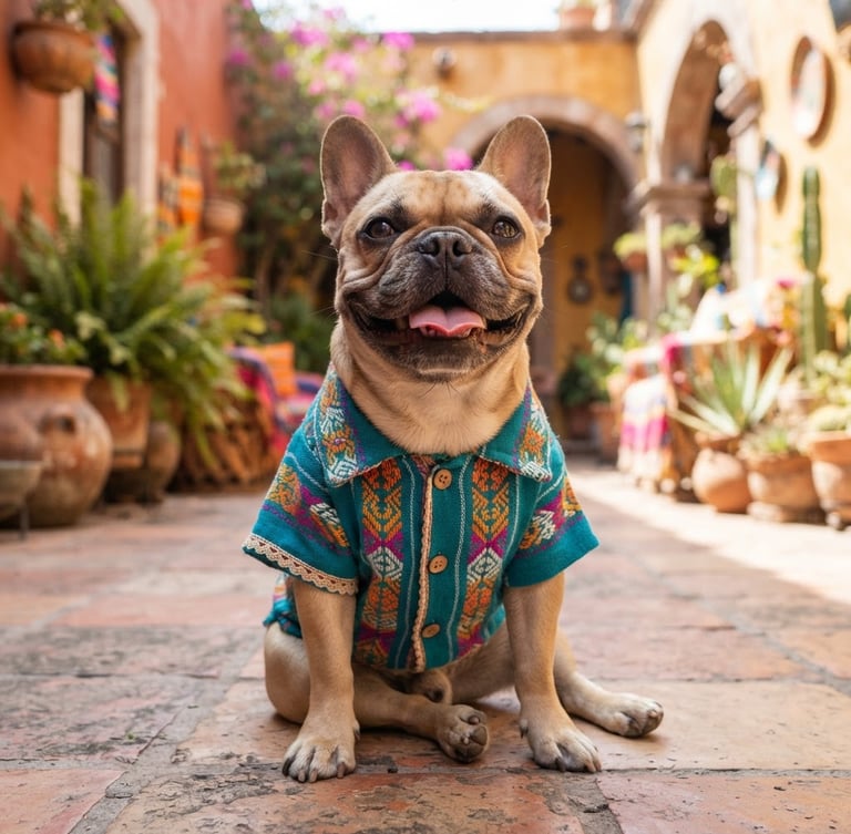 Eye-level portrait of a happy French Bulldog wearing a custom-tailored colorful teal shirt, sitting comfortably in a sunny Mexican patio, bright natural light, soft focus background, 35mm