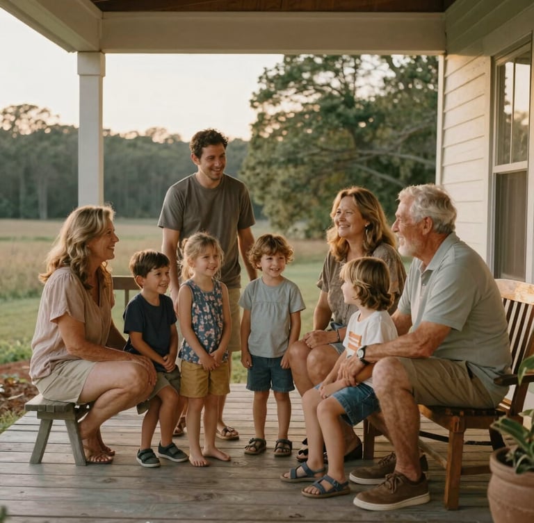 Candid environmental portrait of a multi-generational family gathering on a wooden porch in North Carolina, soft golden-hour light, warm earthy tones, 35mm lens.