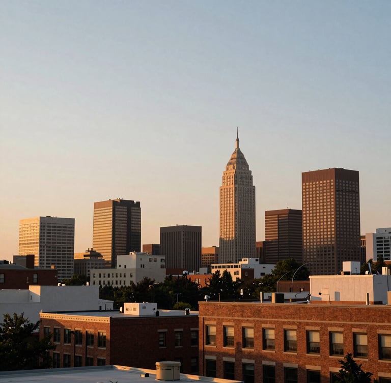Wide panoramic view of downtown Raleigh North Carolina skyline at soft golden hour, warm sunset light reflecting off brick buildings, generous sky and negative space on the left, warm editorial photography style.