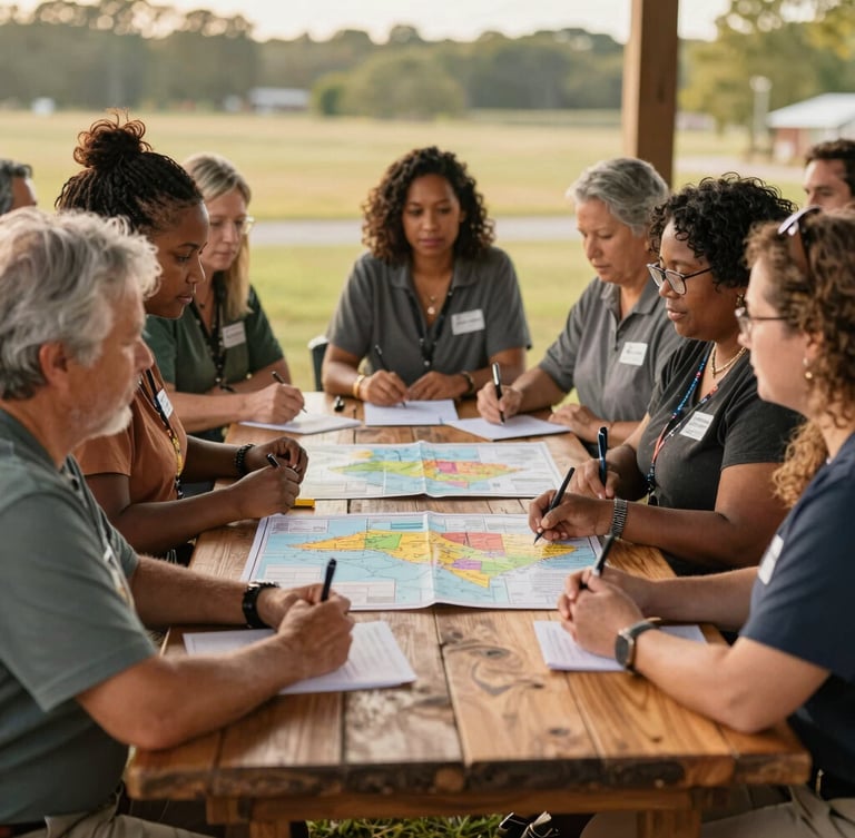 A warm editorial photograph of a North Carolina community meeting, soft golden-hour natural light, rich earthy tones, authentic community moments, 35mm lens. Diverse leaders collaborating around a rustic wooden table with maps of North Carolina.